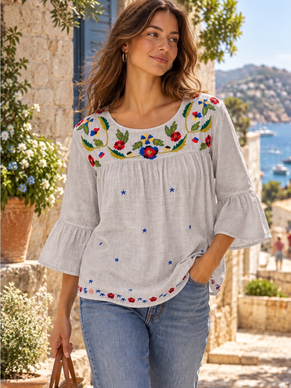 FALMER HERITAGE Pale Gray Embroidered Bohemian Peasant Blouse, UK 12/ US 8